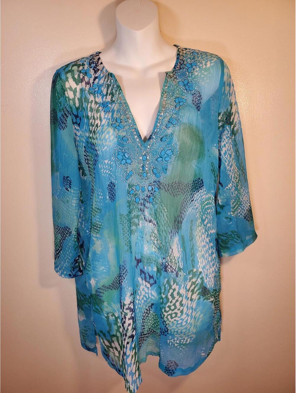 Bali Club Top Womens sz S 3/4 Sleeve V-Neck Embroidered Sheer Tunic Coverup Teal